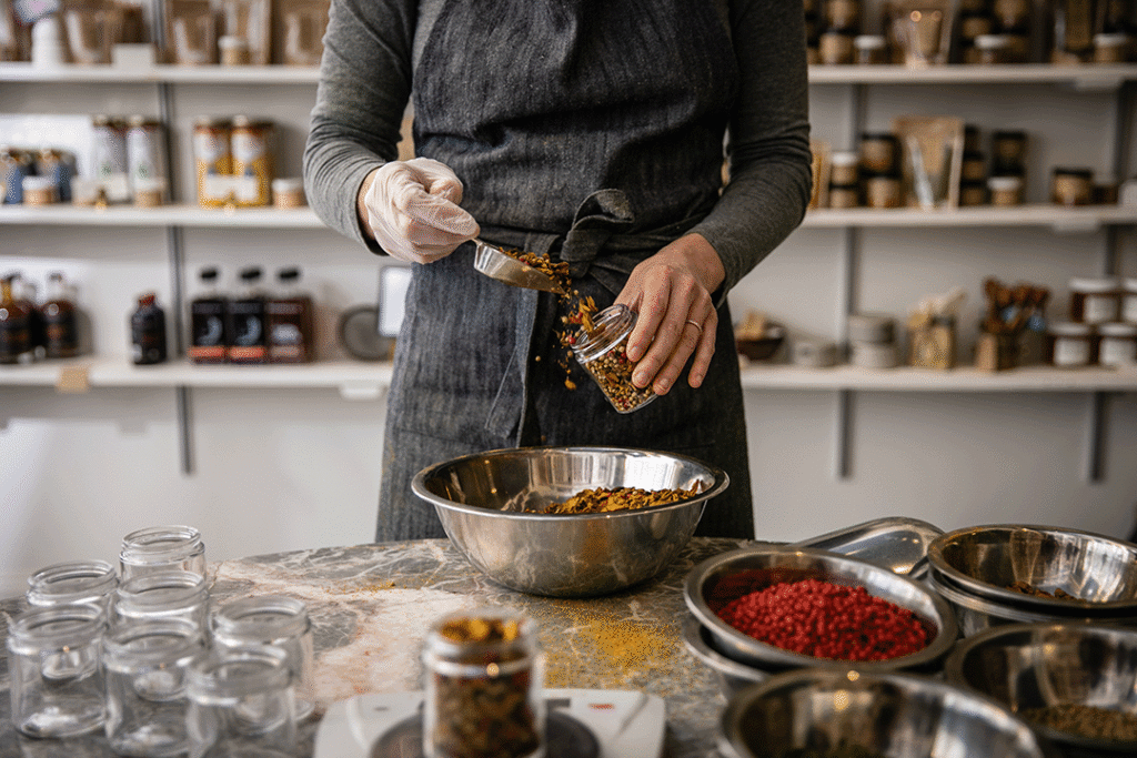 Chef adding spices into a dish