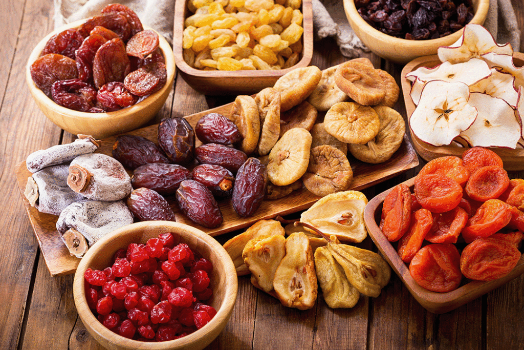 Dried fruit displayed on a wooden table