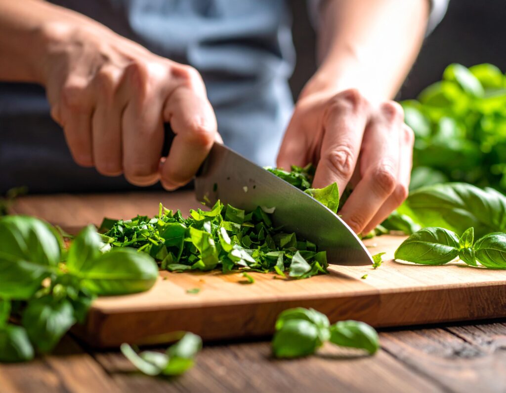 Chef chopping fresh herbs on a chopping board with a knife