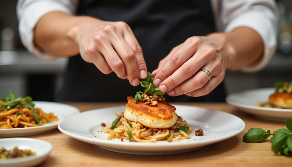 Chef garnishing a plated fish dish with fresh herbs